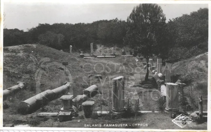 Fallen column drums and broken columns scattered across grassy ground at the Salamis site, with trees behind