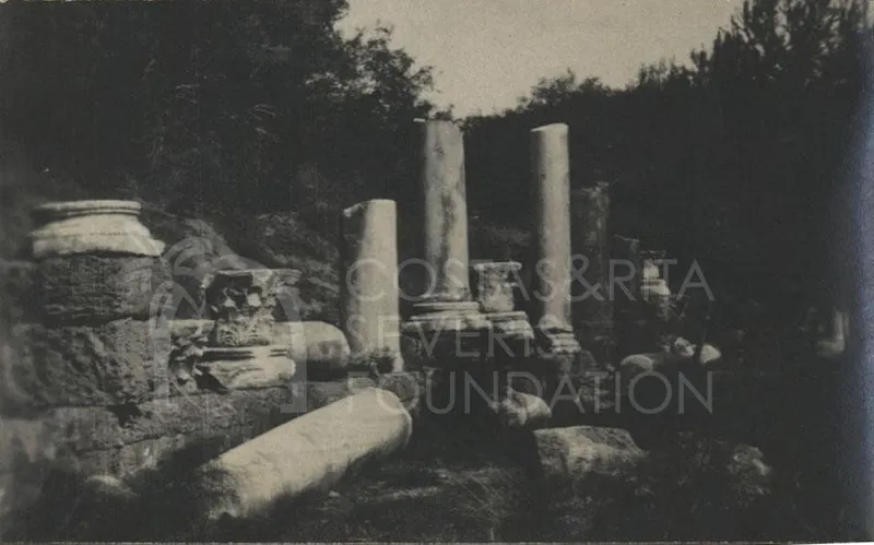 Broken columns and column bases among stone blocks, with trees behind, at the Salamis ruins
