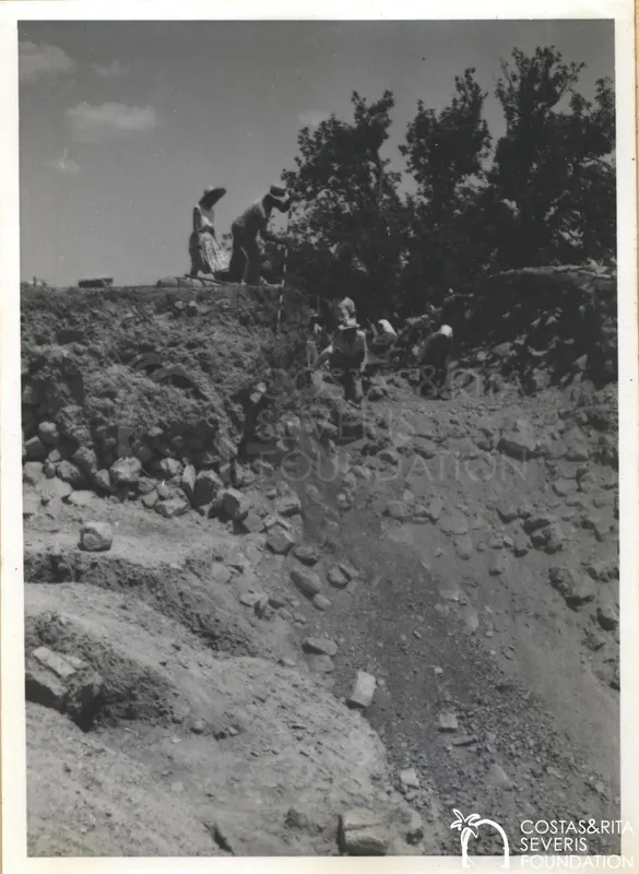 Excavators working in a deep trench of stony soil, with a ranging pole and people standing at the upper edge under trees