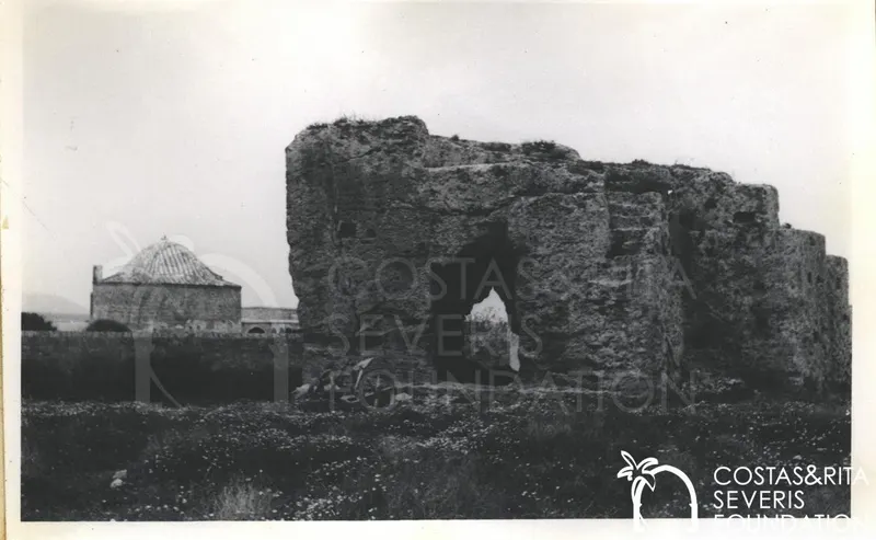 Ruined stone wall with an arched opening in a flowery field, with a domed building behind on the left