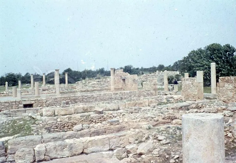 Ruined stone walls and standing columns of the Sanctuary of Apollo Hylates at Kourion under a pale sky