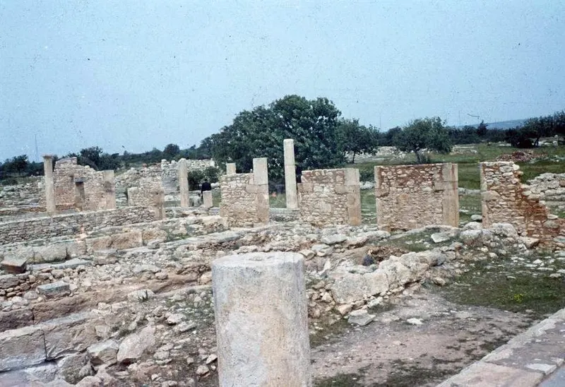 Ruined stone walls and standing columns at the Sanctuary of Apollo Hylates, Kourion, under a pale sky