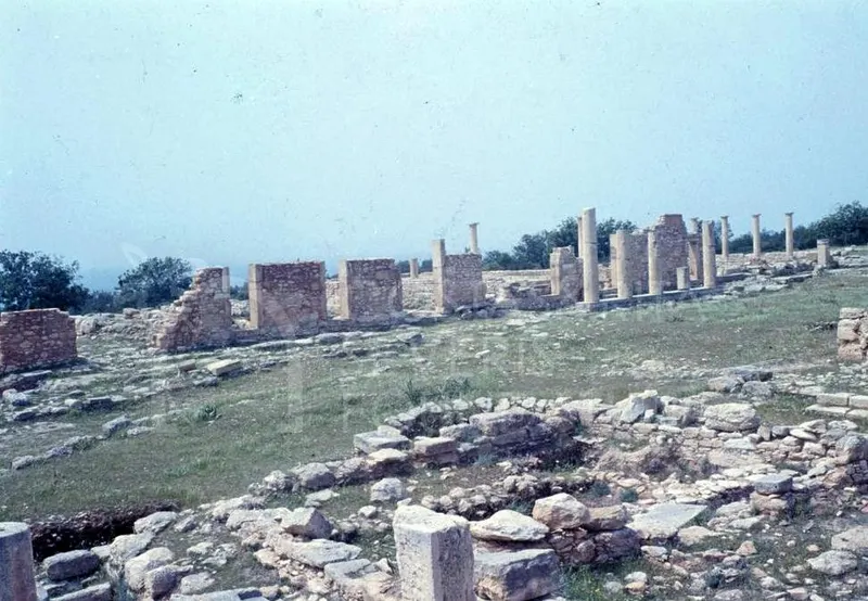 Ruined stone walls and standing column shafts on a grassy slope, with trees and hazy sky behind