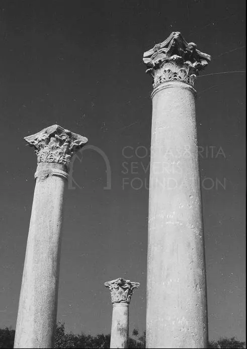 Three tall columns with ornate Corinthian capitals rising against a dark sky
