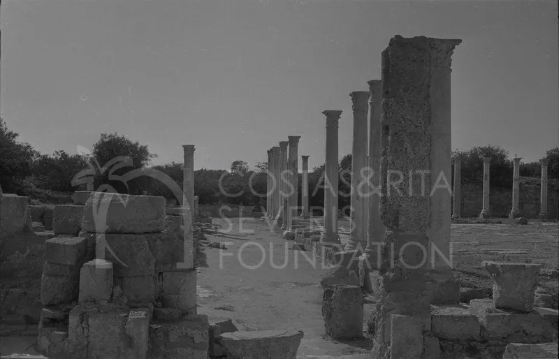 Long paved lane lined with standing columns at the ancient site of Salamis, with fallen stone blocks to the left