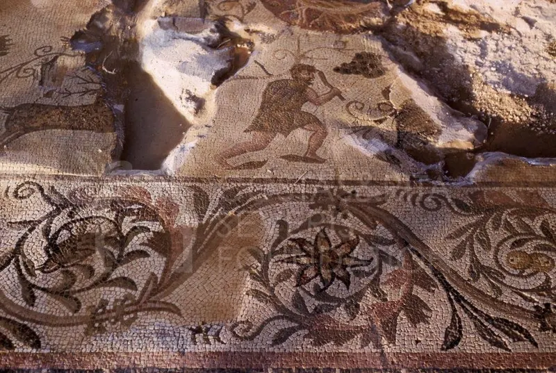 Floor mosaic with a small figure and scrolling foliage ornament, partly damaged