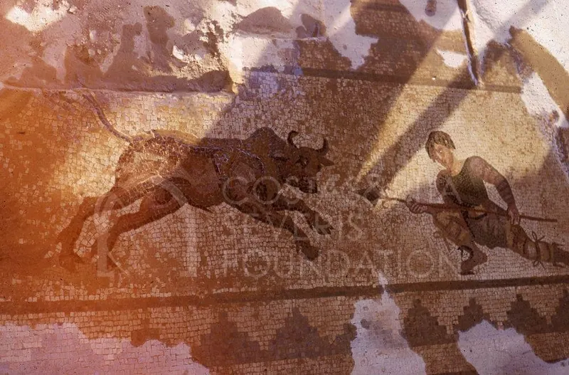 Floor mosaic of a spear-carrying hunter facing a charging bull