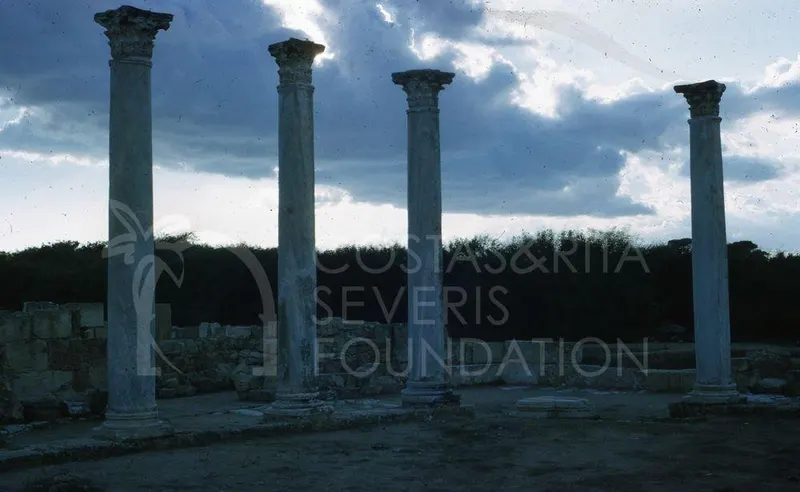 Four tall columns with carved capitals against a cloudy evening sky at Salamis