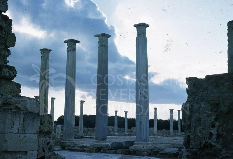 Tall columns stand in a row among ruins under a cloudy evening sky.