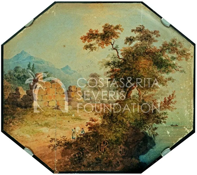Painted landscape with a ruined stone wall, a large tree, mountains and two small figures on a path by the sea