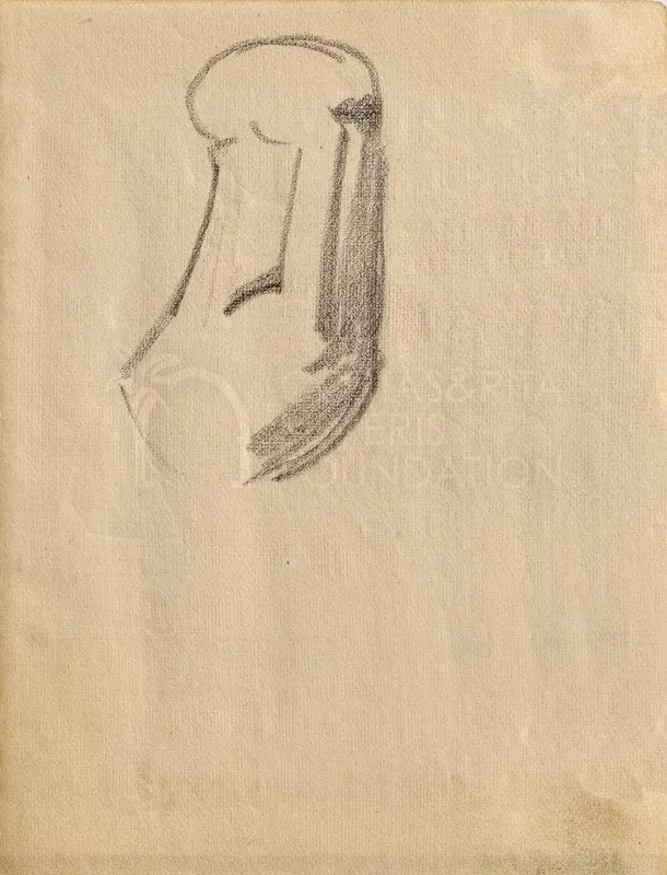 Pencil sketch of a rounded head-shaped form with curved lines on cream paper