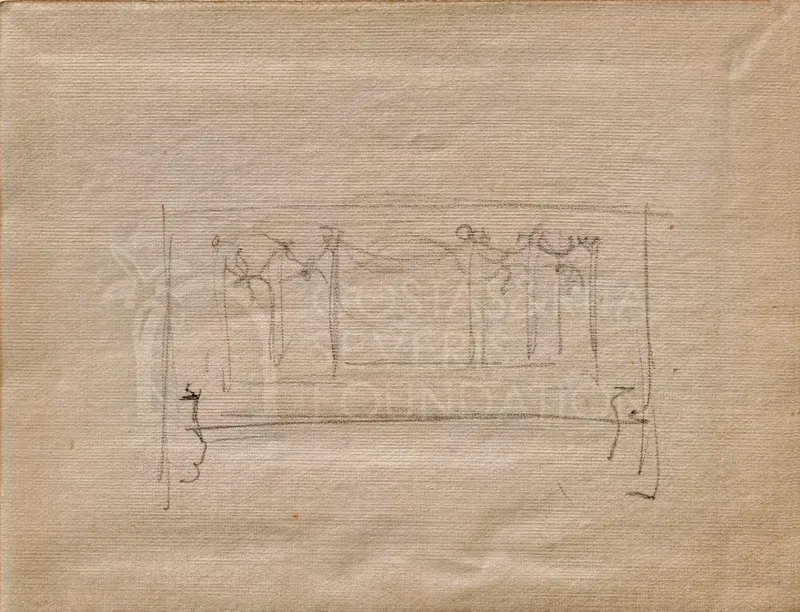 Pencil sketch of a rectangular frame with a row of standing draped figures above a horizontal base