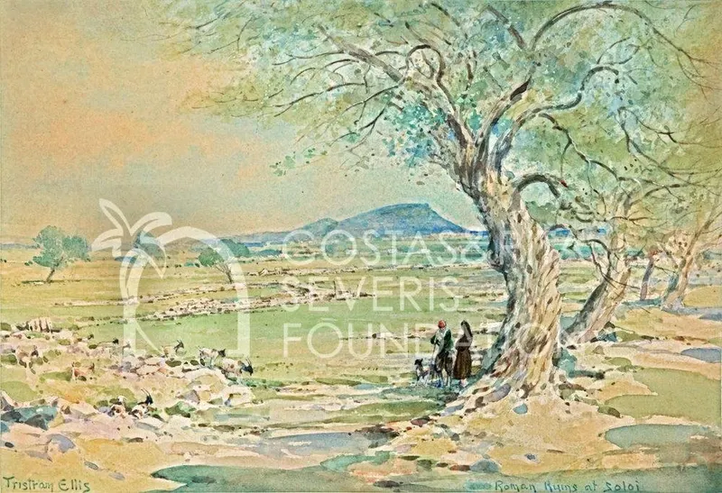 Two figures beside a large olive tree, with goats grazing on rocky ground and a hill in the distance