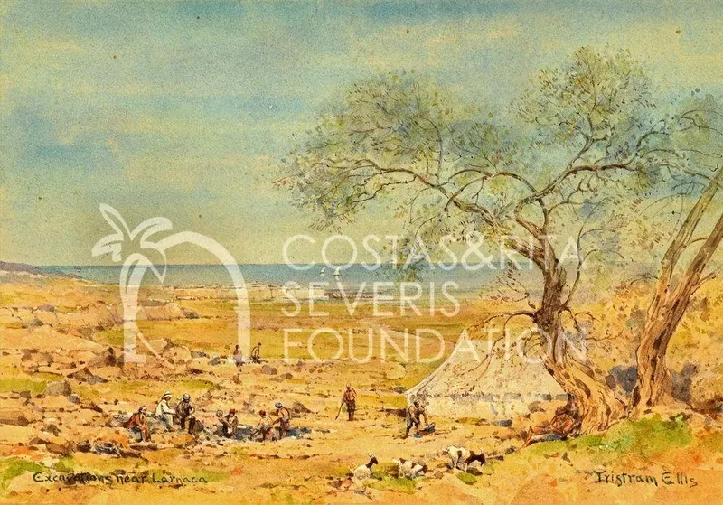 Watercolour of workers at a dig on dry ground by the sea, with a white tent under a tree and goats in front.