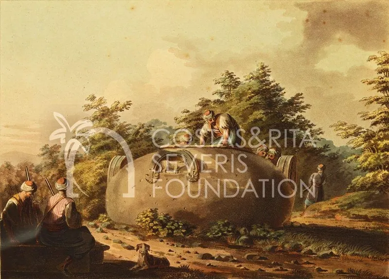Large oval stone vessel in a wooded landscape, with turbaned men on and around it and a dog in the foreground