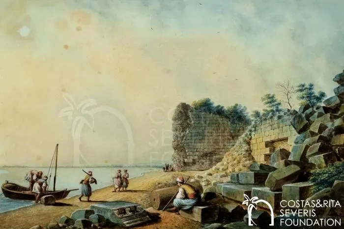 Figures load stone blocks onto a boat on a beach, with a ruined wall and the sea beyond