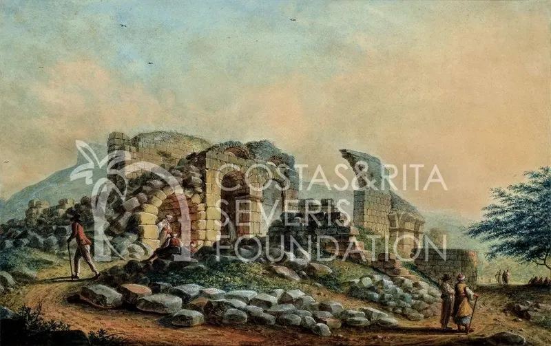 Painted ruins with stone arches, rubble blocks in the foreground and several figures on a dirt path
