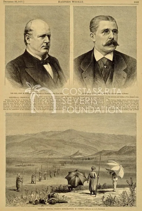 Engraving of a hilly landscape with a parasol-shaded figure, workers in a line, and two portrait heads above