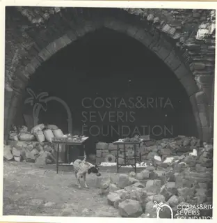 Pointed stone arch over a dark opening, with two tables of finds, sacks and rubble, and a spotted dog in front.