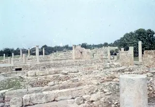 Ruined stone walls and standing columns of the Sanctuary of Apollo Hylates at Kourion under a pale sky