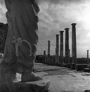 Tall fluted columns in a row along a paved colonnade at Salamis, with a carved marble fragment in the foreground
