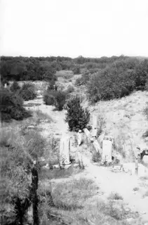 Fallen column drums among scrub on a sandy path at Salamis, with one person in a hat standing beside them