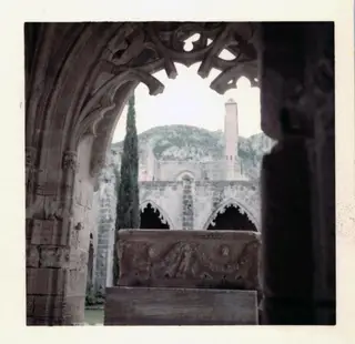 Carved stone sarcophagus in a ruined abbey cloister, framed by a Gothic arch with tracery, with a cypress and hills behind