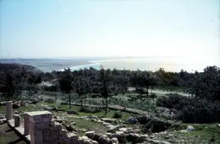 Scattered stone ruins and trees in the foreground, with a curving coastline and sea beyond