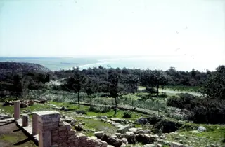 Ruined stone walls and columns in the foreground, with trees and a bay and sea beyond