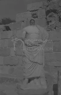 A smiling man's head appears above a draped marble statue in front of a stone block wall