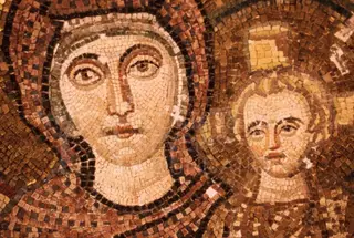 Close-up of a mosaic face of a woman in a dark-bordered halo, with a child's face beside her
