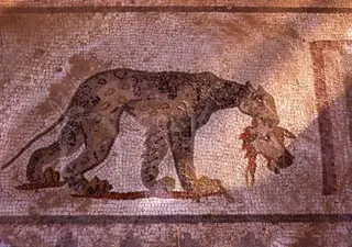 Mosaic of a spotted big cat with a small reddish figure at its jaws, framed by dark borders