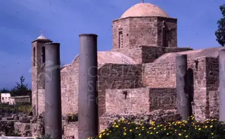Stone church with a dome and bell tower behind tall grey columns, with yellow flowers in the foreground