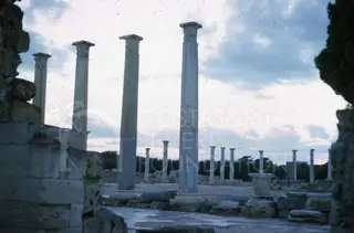 Tall standing columns with carved capitals at Salamis under a cloudy sky