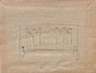 Pencil sketch of a rectangular frame with a row of standing draped figures above a horizontal base
