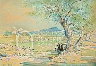 Two figures beside a large olive tree, with goats grazing on rocky ground and a hill in the distance
