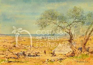 Watercolour of workers at a dig on dry ground by the sea, with a white tent under a tree and goats in front.