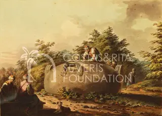 Large oval stone vessel in a wooded landscape, with turbaned men on and around it and a dog in the foreground