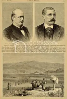 Engraving of a hilly landscape with a parasol-shaded figure, workers in a line, and two portrait heads above
