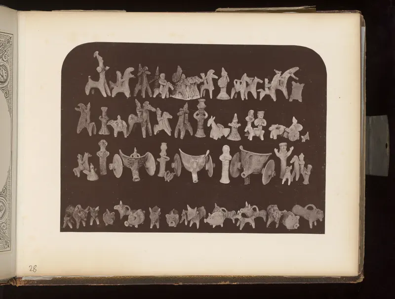 Small clay figures of riders, animals and carts arranged in four rows on a dark ground.