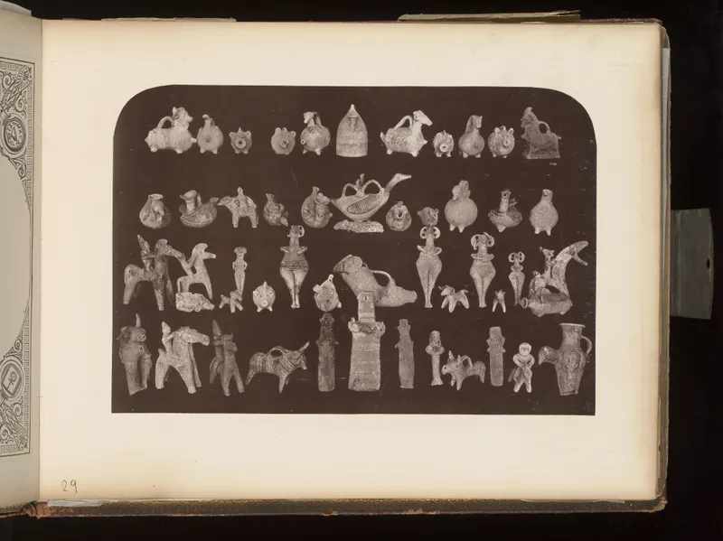 Rows of small pale clay vessels shaped like animals and riders, and standing figurines, on a dark background.