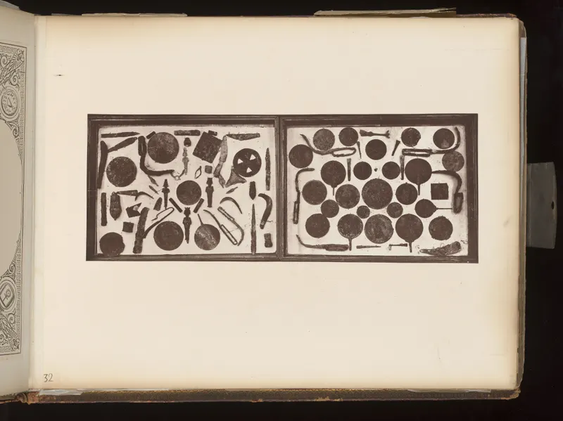 Two framed panels of dark, corroded metal discs, blades, rods and hooks laid out on a page