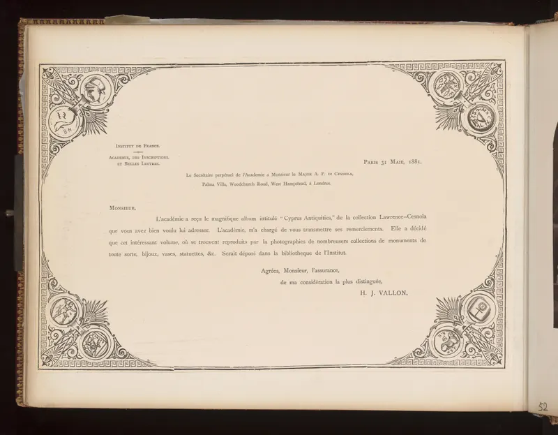 Letter from the Académie des Inscriptions et Belles-Lettres, 31 May 1881