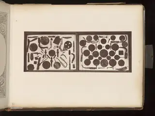 Two framed panels of dark, corroded metal discs, blades, rods and hooks laid out on a page