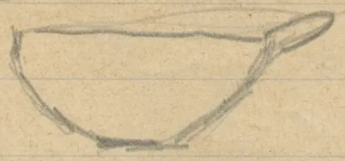 Profile of a shallow bowl with one horizontal handle