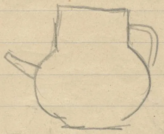 Profile of a globular vessel with wide cylindrical neck, side spout on left, and vertical handle on right