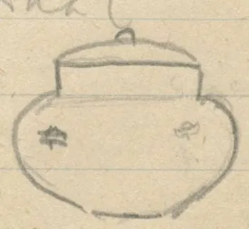 Profile of a rounded pyxis with a knobbed lid and two small lugs