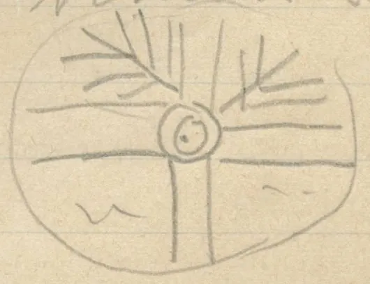 Circle divided by a double-lined cross with two concentric circles in the center, branched motifs in the two upper quadrants, short wavy lines in the two lower quadrants