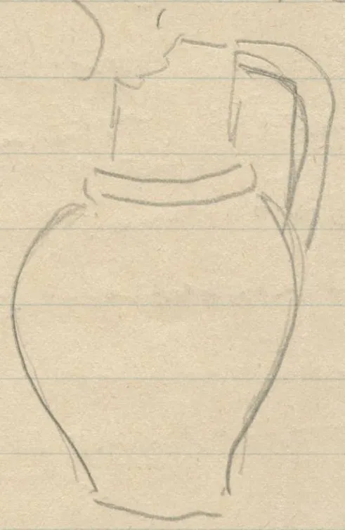 Profile of a jug with handle, ring around neck and broken rim