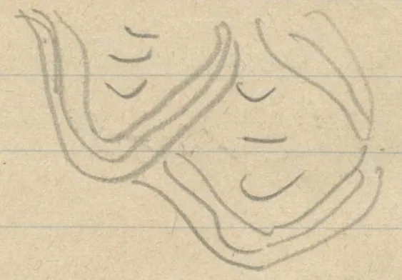 Interlocking wavy V-shaped bands with small curved strokes inside